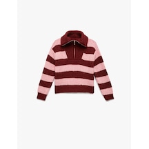 Koton Uzun Kollu Fermuarlı Yarım Yaka Çizgili Triko Kazak Pınk Strıpe 6wkg90046ht Pembe Çizgili