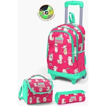 Coral High Kids Neon Mercan Su Yeşili Alpaka Desenli Çekçekli 3'lü Çanta Seti Set0123364