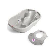 Okbaby Bebek Banyo Seti Onda Dijital Termometreli Çift Yönlü Küvet + Hippo Duş Şapkası A.gri
