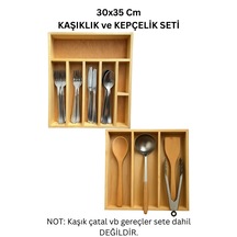 30x35 Cm Çok Bölmeli Ahşap Kaşıklık Ve Kepçelik Seti - Çekmece Düzenleyici- Ahşap Organizer