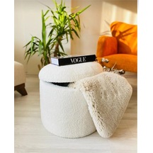 Handmade X Large Beyaz Tedy Kumaş Sandıklı Silindir Dekoratif Pufidik Puf Bench Beyaz