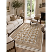 Sateen Afghan Sfg 02 Beige Afgan Desenlerine Sahip Hav Vermeyen Özel İplerle Dokunan Yıkanabilir Ve Özel Kaymaz Tabanlı Sık Dokuma Makine Halısı Bej