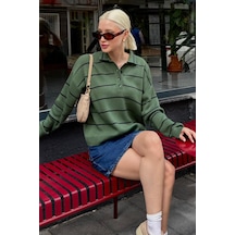 Madmext Melanj Yeşili Çizgili Polo Yaka Kadın Triko Kazak Mg2470 Melanj Yeşili