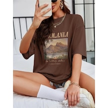 Hırsch Kadın Oversize Kahverengi Bisiklet Yaka Tasmania Baskılı T-shirt Kahverengi