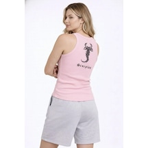 Kadın Fitilli Atlet Sıfır Yaka Slim Fit Arka Baskılı Spor Atlet - Pembe