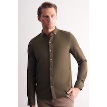 İmza Haki Uzun Kol Düğmeli Yaka Kendinden Desenli Pamuklu Slim Fit Gömlek 1004255267 Haki