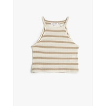 Koton Crop Halter Yaka Üst Kroşe Slim Fit Bej Çizgili 4sal30018ık Ekru Çizgili