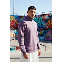Benerly Erkek Dik Yaka Fermuarlı Standart Kol Regular Kalıp Sweatshirt Fo Mor