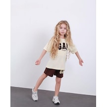Cg Kids Krem Kahve Süzüne Nakışlı Kız Çocuk Tshirt & Şort Alt Üst Takım Süper Kalite Krem - Kahverengi