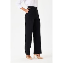 Velnara Moda Siyah Boru Paça Cepli Yüksek Bel Dokuma Kumaş Kadın Pantolon Siyah - 918013923 Siyah