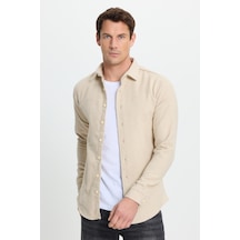Tudors Erkek Slim Fit Dar Kesim Uzun Kollu Düz Kışlık Oduncu Bej Gömlek-41539