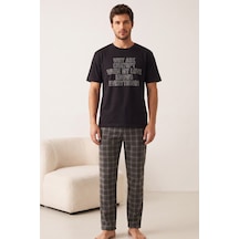 Siyah İnci Desenli Baskılı Örme Kısa Kollu Pijama Takım 8004 Sıyah Chat Baskılı