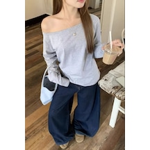 Gri Kadın Düşük Omuz Kayık Yaka Oversize Uzun Kollu T-shirt Gri
