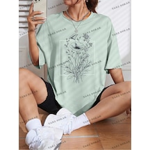 Flood Of Style Unisex Bay Çiçek Desenli Düşük Omuz Tişört Kod-1333 Nane Yeşili