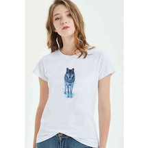 Wolf Kurt Sibirya Köpek Çizim Baskılı Beyaz Kadın Tshirt