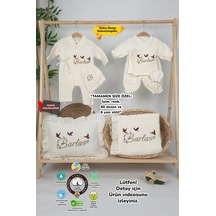 Gros Shop Müslin Yeni Doğan 4katlı Organik %100pamuk Kişiye Özgü Nakışlı Hastane Çıkış Seti 3'lü Kelebk Model Ekru-2