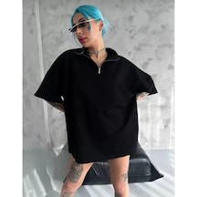 Kadın Yarım Fermuarlı Tişört Düz Oversize T-shirt - Siyah