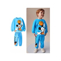 Lolliboomkids Erkek Çocuk Mickey 3d Basketball Temalı Mavi - Turuncu Renk 3 İplik Kışlık Sweatshirt Eşofman Alt Üst Takım Mavi