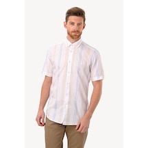Erkek Beyaz Kısa Kol Çizgili Slim Fit Gömlek