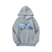 Unisex Gri Cocuk Kapüşonlu Sweatshirt Summer Vbs Baskılı, Şardonlu Kalın Kumaş Gri