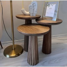Wood 3 Lü Set Mantar Yan Sehpa Modern Ahşap Ceviz Renk Fiskos / Çiçeklik Ceviz