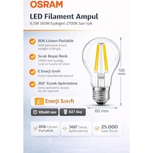 Led Filament Ampul 6.5w 60w Eşdeğer 2700k Sarı Işık 806 Lümen E27 Duy 3 Lü Paket E Enerji Sınıfı 360 Işık 105x60 Mm Dimmer Uyumlu Değil