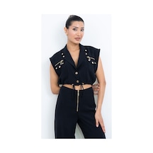 Dorne Moda Özel Seri Fermuar Ve Cep Detaylı Crop Yelek Bluz Ve Bol Paça Pantolon İkili Takım - Düğün - Mezuniyet - Ofis Şıklığı Siyah Siyah