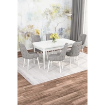 Zümra Serisi, Beyaz 80x132 Açılabilir Mdf Mutfak Masası Takımı 6 Adet Sandalye Gri