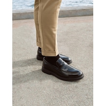 %100 Hakiki Deri Siyah Açma Kemer Detaylı Erkek Loafer Siyah