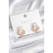 Pirinç Gold Renk Zirkon Taşlı Kadın Küpe - Lisinya