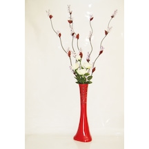 60 Cm Desenli Kırmızı Vazo 5 Adet Mor Üzüm Beyaz Gül