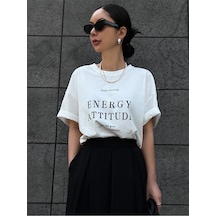 Energy Attitudy Süprem T-shirt - Beyaz Baskılı Oversize Bisiklet Yaka Kısa Kol Tişört Beyaz