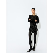 Koton Yuvarlak Yaka Uzun Kollu Slim Fit Mini Pullu Payetli Kalem Elbise Siyah 5wak80348ek Siyah