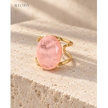 Riody Regard Rose Gold Kaplama Pembe Kedi Gözü Doğal Taşlı Ayarlanabilir Kadın Yüzük Sarı Altın