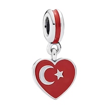 925 Ayar Gümüş Kalpli Türkiye Bayrağı Figürlü Sallantılı Charm