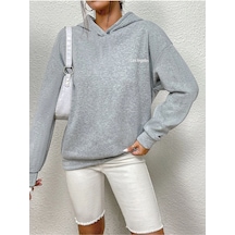 Los Angeles Minimal Sweatshirt - Gri Baskılı Oversize Kapüşonlu Gri