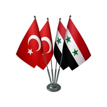 Masa Üstü Suriye Bayrağı Türk Bayrağı Dörtlü Krom Direk Masa Bayr