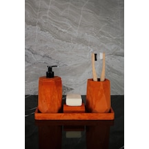 Betonmall 4 Parça Mermer Desenli Beton Banyo Seti Katı Sıvı Sabunluk Diş Fırçalık Tepsi - Terracota Terracota