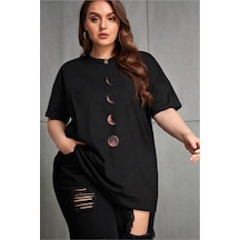 Moon Kadın Büyük Beden Battal Baskılı Bisiklet Yaka Pamuklu T-shirt Rahat Kesim Unisex Sevgili Kombini SIYAH