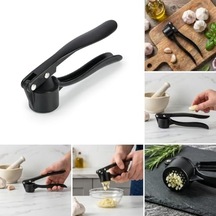 Paslanmaz Metal Döküm Sarımsak Ezici Ve Presi Ergonomik Saplı Profesyonel Sarımsak Kırıcı, Kolay Temizlenen Ağır Döküm Gövde 15.5 Cm, Mat Siyah Açık Bej