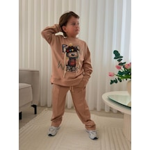 Mila Mood Erkek Çocuk Vizon Rengi Köpek Baskılı 2'li Eşofman Takımı Sweatshirt Eşofman Altı