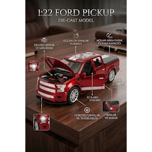 Metal Ford Pickup 1:22 Ölçek Kırmızı - Sesli, Işıklı Ve Çek Bırak Off-road Oyuncak Arazi Aracı Çok Renkli