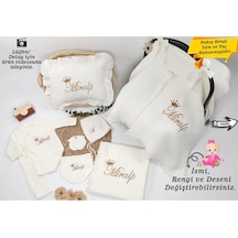 Gros Shop 4katlı Müslin Kumaş 8'li Bağcıklı Tulum %100 Pamuk Hastane Çıkışı Kişiye Özgü İsimli Nakış Desenli Ekru