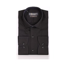 Aclassics Erkek Siyah Slim Fit Saten Pamuk Cepsiz Gömlek