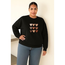 Benroma 3 İplik Penye Çoklu Kalp Baskılı Büyük Beden Unisex Sweatshırt Siyah