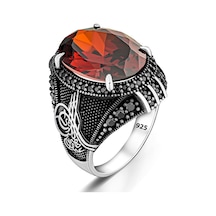 Osmanlı Mührü Motifli Kırmızı Zirkon Taşlı Gümüş Yüzük