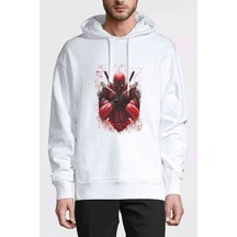 Deadpool Two Guns Baskılı Beyaz Erkek Örme Kapşonlu Sweatshirt