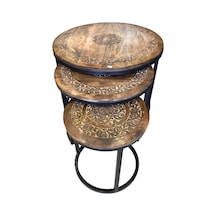Eskitme Ahşap Ferforje Oymalı Yuvarlak Sehpa 3'lü Set Kna210 68x68x50 Cm.