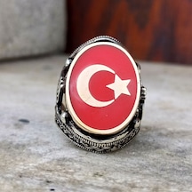 Fkgümüş Kırmızı Mineli Ay Yıldız İşlemeli Erkek Yüzük