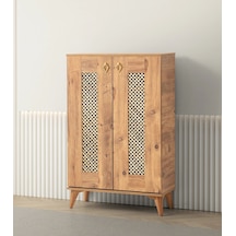 Ahşap Ayakkabılık Hasır Kapak Meşe 4 Raflı Demonte